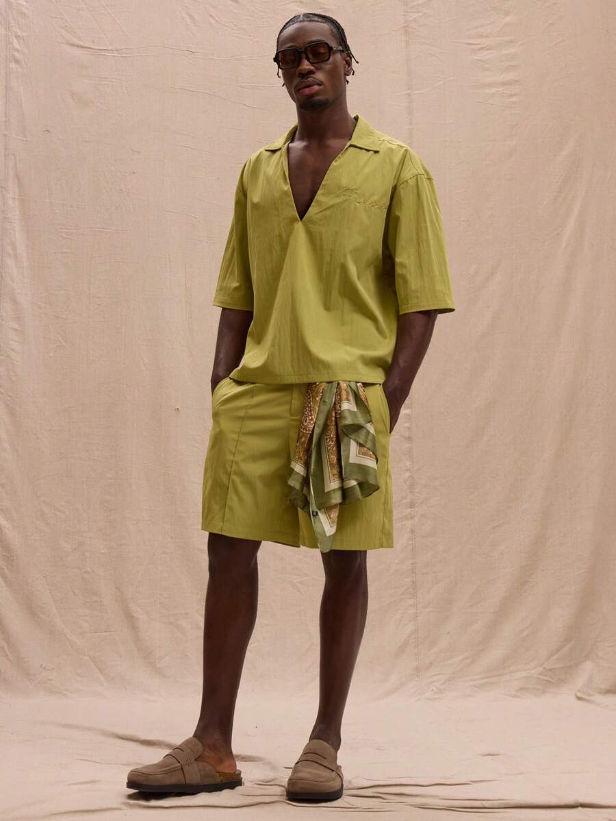 Musero Linen Seam Detail Shorts Spring, Summer, Holiday - Olive Green - View 1