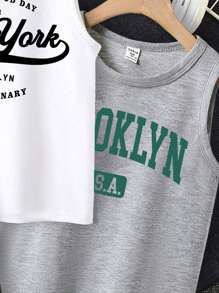 Conjunto de 3 regatas sem mangas com impressão do texto clássico casual de cidade jovem, Nova York, Los Angeles, Brooklyn, adequado para o verão