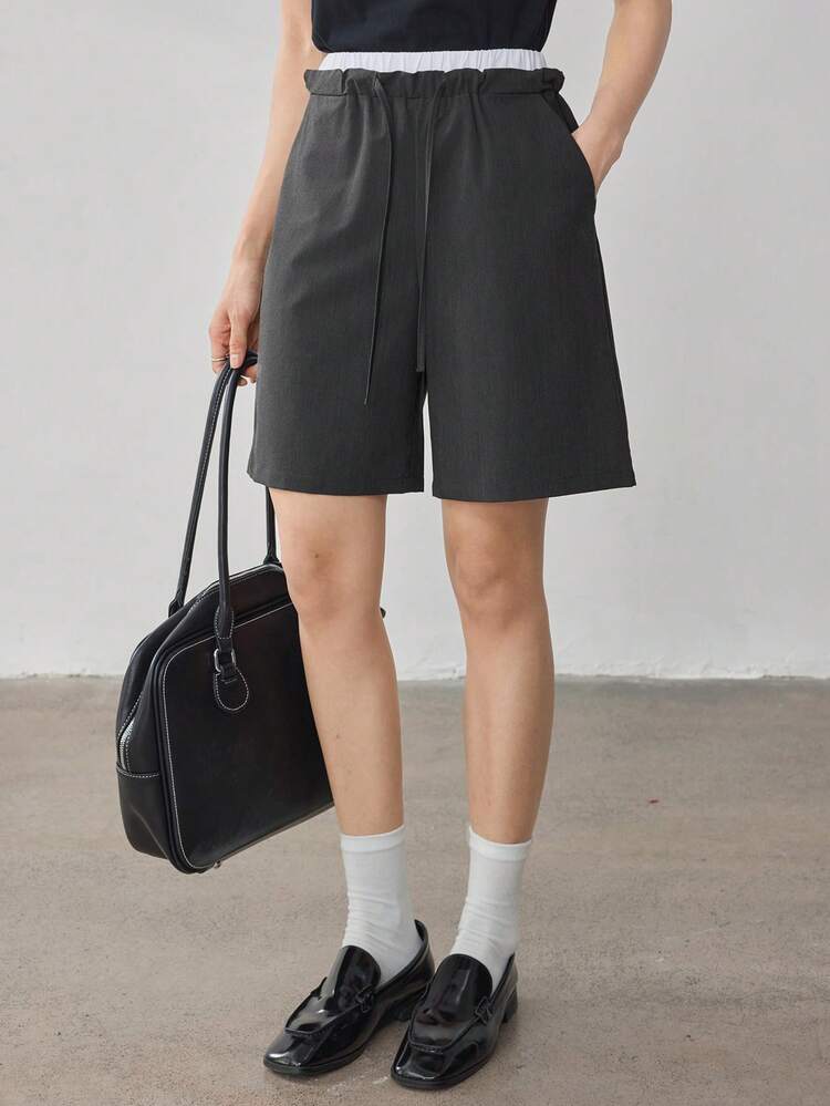 Women's Business Casual Contrast Color Piped Drawstring Waist Cropped Pants, Summer Shorts
