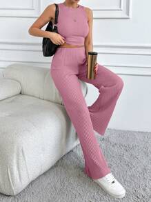 EURMUSE Women Summer Simple Solid Color Ribbed Cropped Tank Top And Shorts Set - Baby Pink - View 5