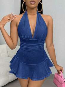 SHEIN SXY Plus Size Women's Dark Blue Summer 70's Night Out Club Party Halter Romper,Elegant Denim Effect Print BOHO Bohemian Resort Beach Vacation Outfit - Multicolor - View 5