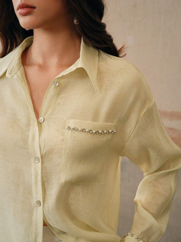 Women's Woven Beaded Loose Fitting Elegant Classic Blouse, Suitable For Old Money, Modest, And Spring