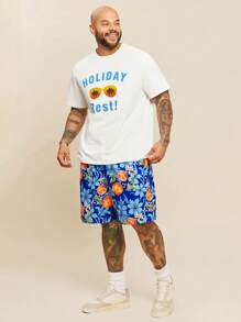 EASEVO Conjunto de camiseta de manga corta y pantalones cortos con estampado de frutas y letras para hombres de talla grande - Blanco - Ver 6