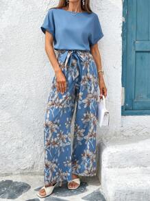 SHEIN Clasi Mono elegante de mujer con cuello redondo, cinturón y pernera ancha