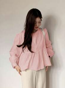 DAZY Blusa blanca de manga larga con encaje de contraste, primavera y otoño