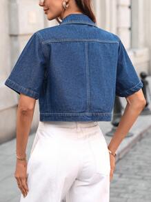 SHEIN Essnce 女士牛仔夹克和外套，夏季时尚 - 深色水洗藍 - 查看 2