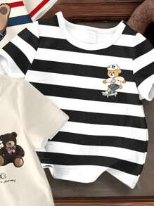 SHEIN 3pcs/Set Teddy Bears, Baby Boy Casual Minimalist Round Neck Short Sleeve Loose T-Shirt, Suitable For Summer