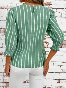 SHEIN Clasi 女式纽扣领七英寸袖条纹休闲宽松时尚衬衫女式衬衫