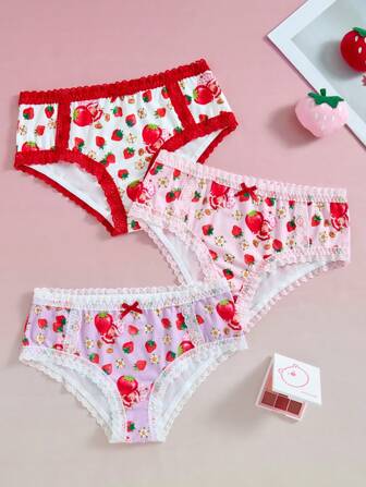 Strawberry Shortcake X SHEIN Culotte pour femme à imprimé fraise avec dentelle contrastée et décoration nœud