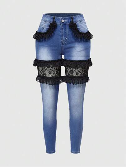 Kawaii Jeans évasés avec ruban sexy style Y2K, bordure en dentelle et nœud papillon