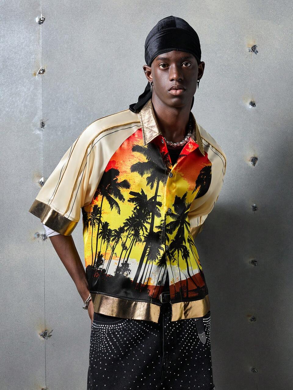 Men's Streetwear Fashion Woven Print Short Sleeve Shirt With Raglan Sleeves, Suitable For Summer, Streetwear Essentials