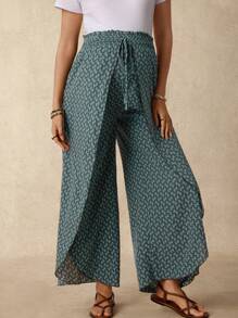 Boho Mama 孕妇休闲度假全身印花开衩宽松裤 - 墨綠色 - 查看 3