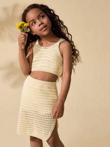 SHEIN 少女杏色钩针编织背心和中长裙两件套，夏季 - 杏色 - 查看 1
