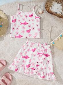 Shark Week X SHEIN 年轻女孩甜美夏日海滩粉色鲨鱼和碎花吊带背心上衣和荷叶边下摆短裙两件套 - 粉色 - 查看 1