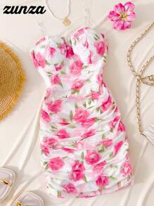 WESTFADE Young Abito da donna ragazza casual ed elegante da vacanza, vestito a balza con cintura in vita, stampa floreale rosa su rete, aderente, mini con fiocco, adatto per scuola, uscite, vacanze, primavera/estate