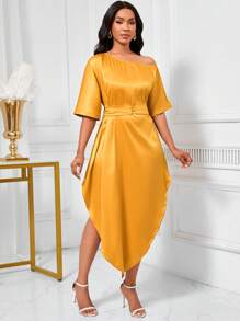 SHEIN Unity Damen Kleid aus Satin mit asymmetrischem Ausschnitt-Design, Taille-Raffung und asymmetrischem Saum - Gelb - Übersicht 5