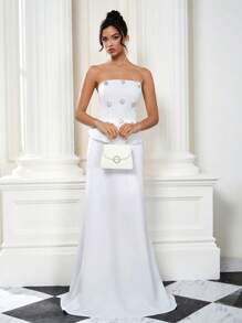 Coutiva Women's Rhinestone Flower Decorated Strapless Fancy Cocktail Party Dress - White - View 7