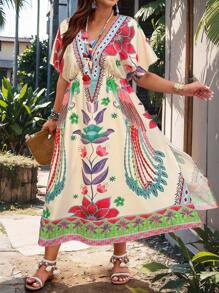 EMERY ROSE Summer Plus Size V-Neck Batwing Sleeve Holiday Style Colored Printed Dress (Random Print) Maxi Women Outfit - Multicolor - View 3