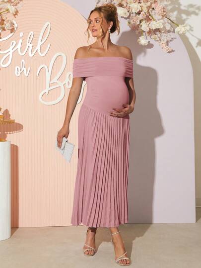 Loomaby Maternity Solid Color Off Shoulder Pleated Hem Elegant Dress