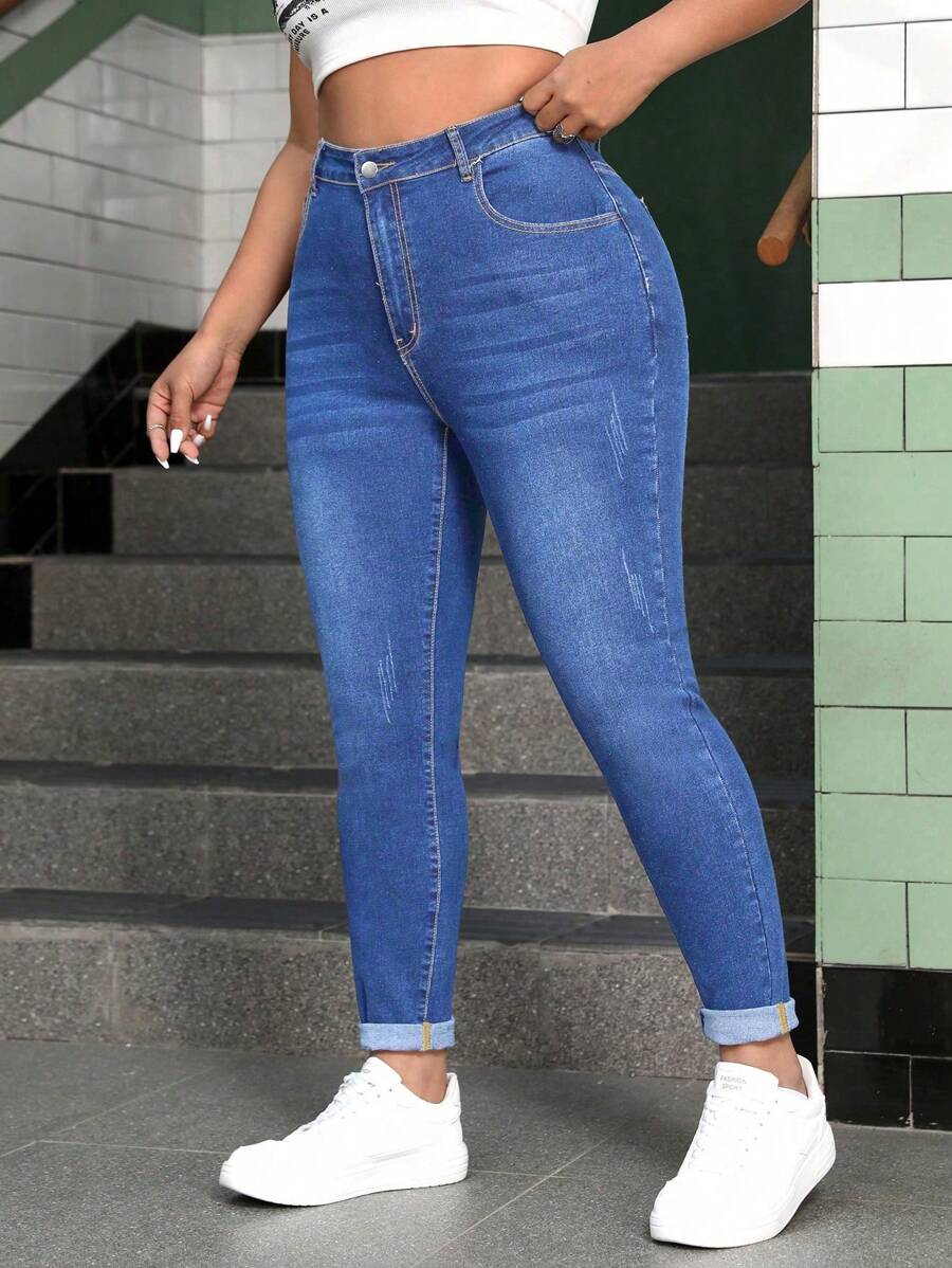 SHEIN CURVE+ Plus Size Stretch Denim Skinny Pants, Versatile - Blue - View 1
