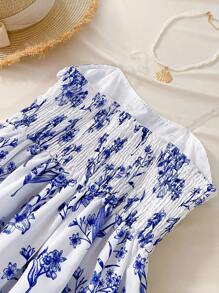 Tween Girls Ditsy Floral Printed Strapless Princess Dress, A-Line For Beach Party, Garden Wedding, Blueholiday,Summer,Travel,Getaway - Blue and White - View 5