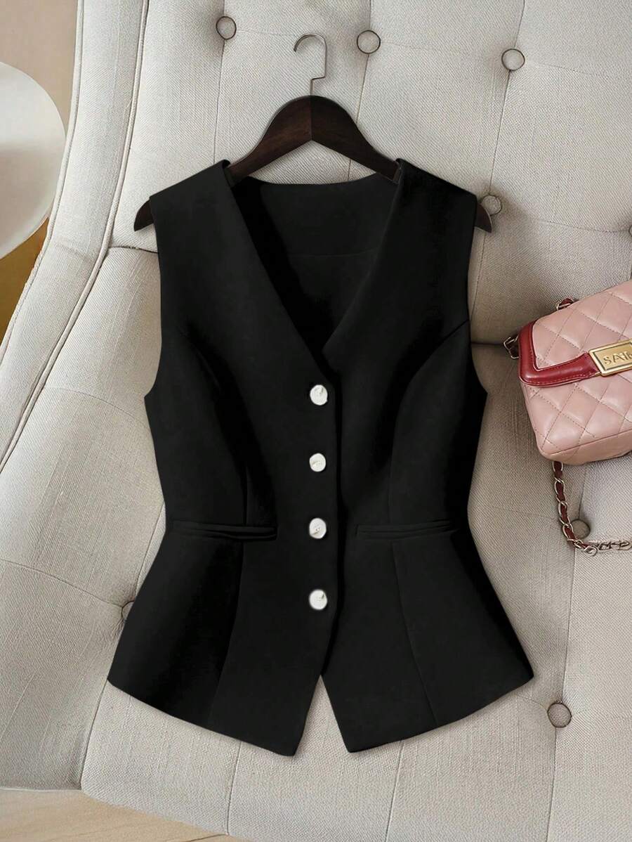 GlowEve 女士夏季V领白色复古时尚修身短款背心 - 黑色 - 查看 1