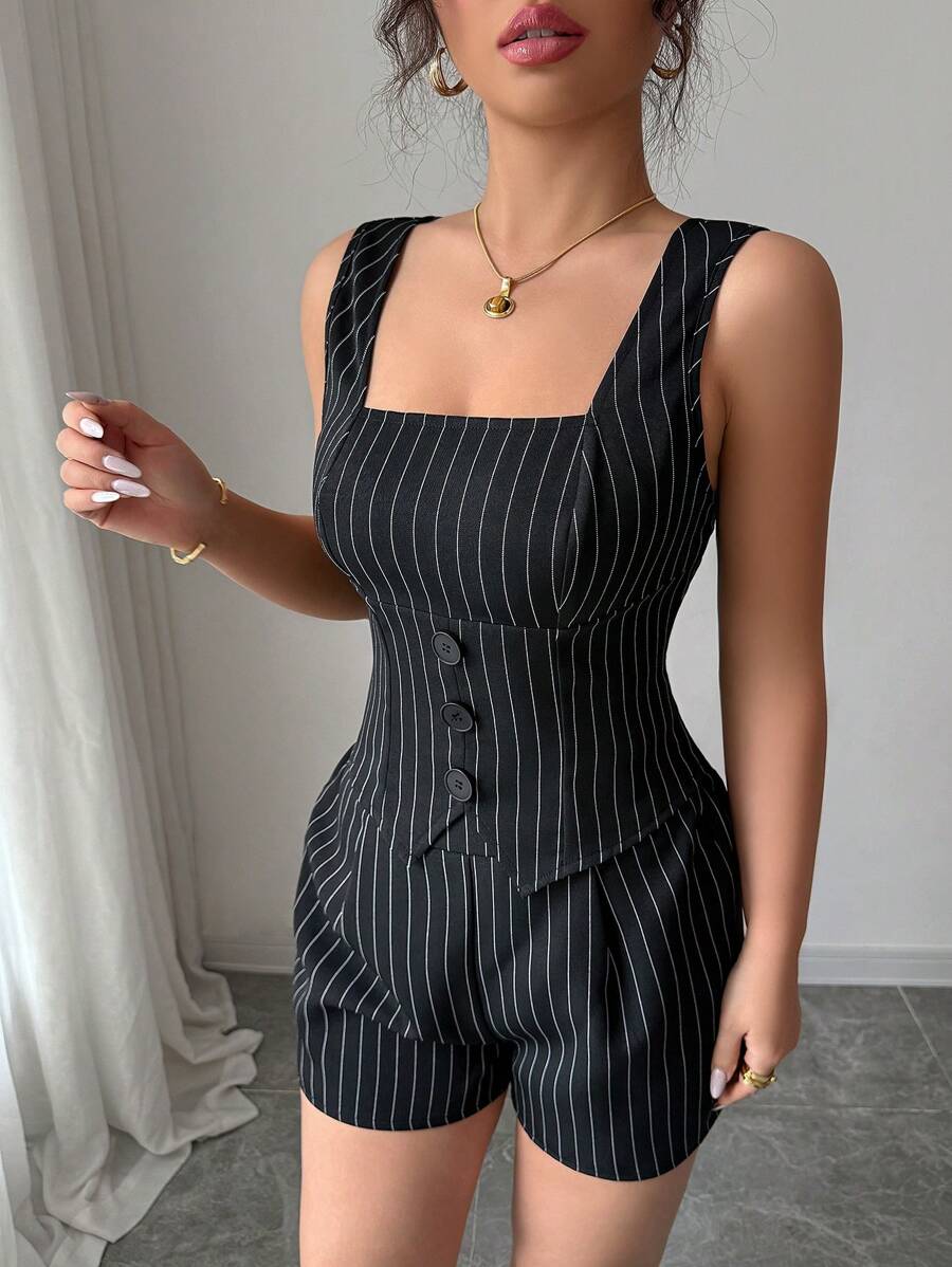 Chiquease 2 件套女士夏季条纹衬衫上衣和短裤套装 - 黑色 - 查看 1