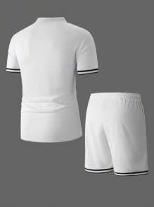 Manfinity Homme Men 2 Pieces Set: Contrast Tape Polo Shirt & Drawstring Waist Solid Shorts - White - View 2