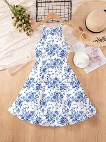 波西米亚风蓝白花卉印花，青少年女孩休闲简约无袖连衣裙，夏季 - 彩色 - 查看 2