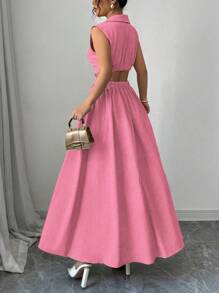 Elenzga Women's Khaki V-Neck Waist Design Sleeveless Dress - Hot Pink - View 2