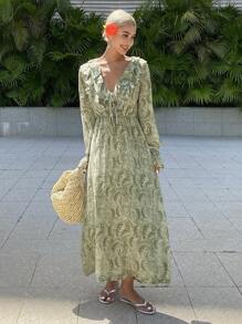 Vacation Beach Boho Ditsy Floral & Plant Print Chiffon Midi Dress With Ruffle Hem And V-Neck,Fall Dress Long Sleeve Dress - Avocado Green - View 5
