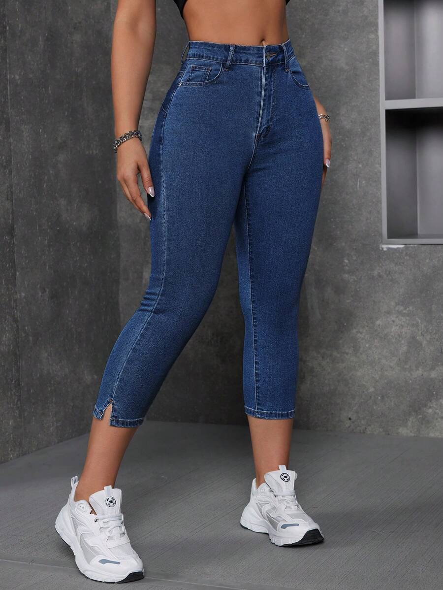 SHEIN EZwear Women's Pocketed Fitted Casual Versatile 7/8 Length Jeans