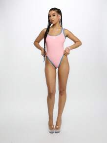 SUMWON WOMEN Classic Scoop Neck One Piece Swimsuit With Contrast Binding High Cut Leg Retro Style Spring Summer Beach Pool Vacation Swimwear - Dusty Pink - View 7