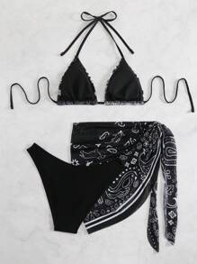 Swim Vcay Women Halter Neck Triangle Bikini Set & Cover-Up Skirt With Paisley Print For Summer Beach Vacation - Black and White - View 2