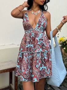 SHEIN Unity Váy midi hở lưng in họa tiết Bohemian cổ điển giản dị dành cho nữ có nơ, đa năng cho hàng ngày, kỳ nghỉ, mùa xuân/hè - Rỉ Nâu - Xem 5