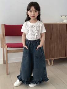 DAZY Tween Girls' Elastic Waist Wide Leg Jeans With Large Pockets And Ruffle Hem, Casual & Loose Fit - Blue - View 4