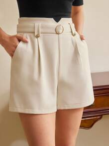 Vintamour Pantalones cortos elegantes y retro para mujer, de cintura alta con cordón, sueltos y con bolsillos, blancos, con botón de decoración metálica, para primavera/verano
