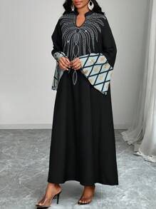 SHEIN Lady Vestido largo con cuello en V y mangas abombadas decorado con strass, estilo bohemio, para mujer. Vestidos de verano, ropa de mujer, vestidos de verano para mujeres, vestidos de mujer, ropa de verano para mujeres, vestidos de verano para mujeres, vestidos de playa para mujeres.