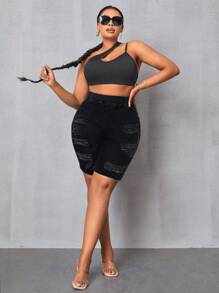 SHEIN SXY Plus Size Women Pocket Distressed Skinny Casual Versatile Denim Shorts - Black - View 3