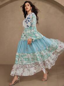 DAZY 夏季度假风格花卉V领女式中长连衣裙 - 綠色 - 查看 4