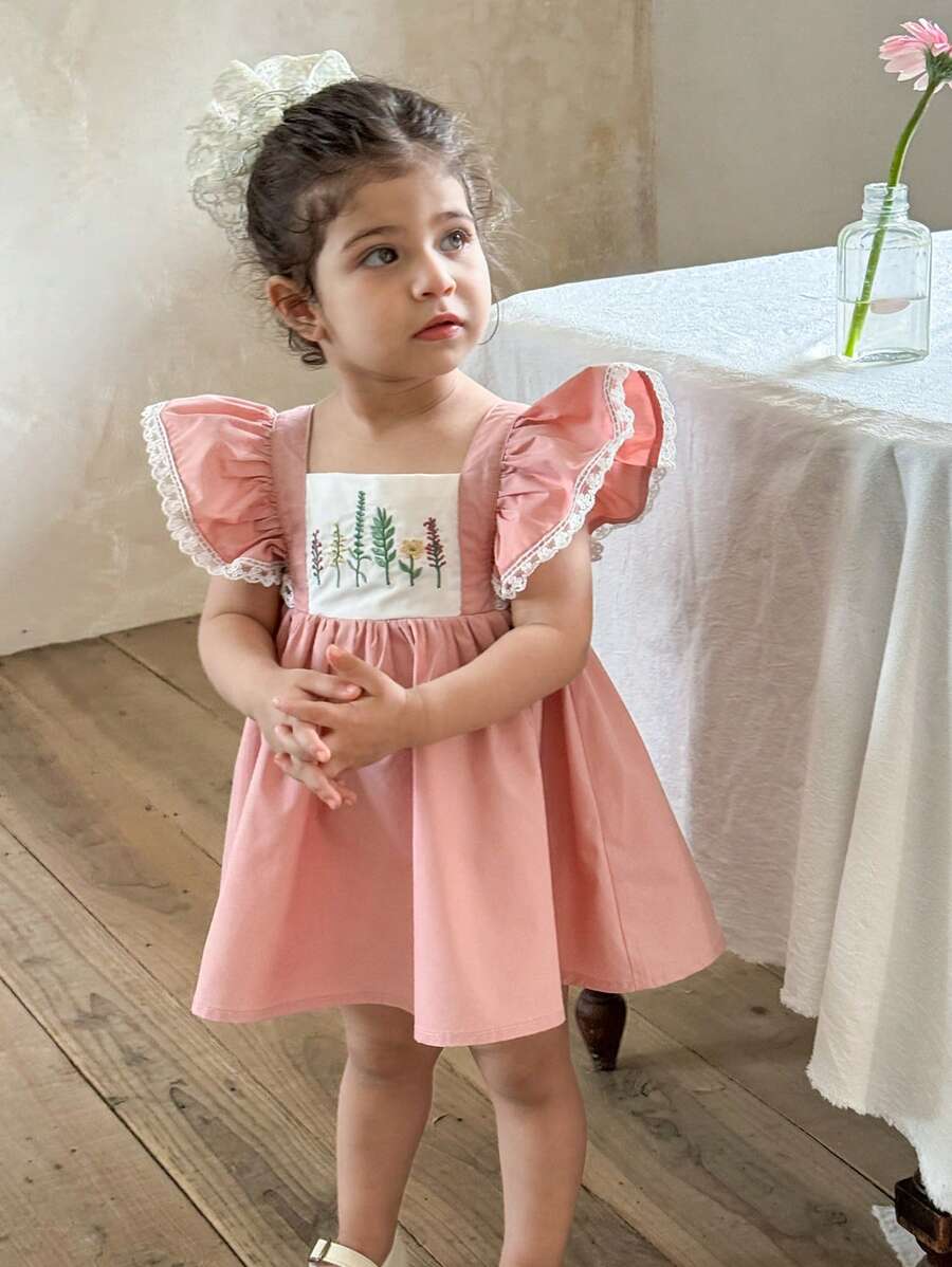 LMoss Kids Baby Mädchen Gestricktes Kleid mit Kontrast-Farbstickerei, quadratischem Kragen und Rüschenbesatz