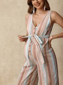 SHEIN 孕妇夏季度假条纹纽扣前挂脖连体裤 - 彩色 - 查看 5