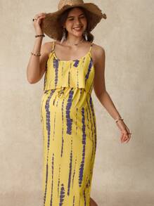 SHEIN Pregnant Women's Summer Skin-Friendly Tie-Dye Spaghetti Strap Dress Maternity Dress With Waist Belt And Side Slit - Yellow - View 3