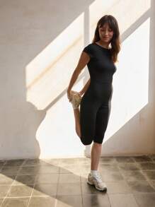 Nöista Women's Summer Solid Color Open Back Crossing Straps Bodycon Romper Short Sleeves Sports Jumpsuit Yoga Slimming Sexy Figure-Flattering - Blue - View 3