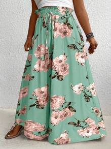 SHEIN LUNE 加大码花卉印花宽松阔腿裤，夏季度假 - 薄荷綠 - 查看 3