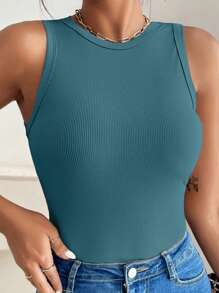SHEIN VCAY Plus Size Women Casual Solid Ribbed Round Neck Blue Tank Top, Summer - Teal Blue - View 3