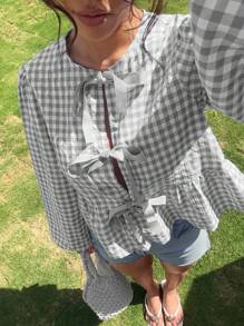 SHEIN EZwear 女式复古现代灰色格子天鹅绒前系带泡泡袖宽松衬衫