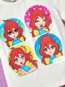 The Winx X SHEIN 年轻女孩卡通仙女公主印花可爱甜美白色休闲百搭短袖T恤