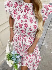 SHEIN LUNE Romantic Blue & White Ditsy Floral Ruffle Sleeve & Collar Waist-Cinched Layered A-Line Long Dress For Women, Spring/Summer Easter Work Summer Dresses Women Dresses Elegant Gown,Sun Dresses For Women,Bohemian Clothes - Red - View 4