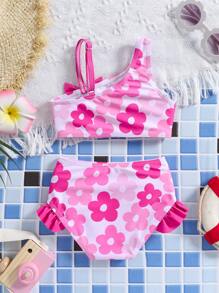 Baby Girl Floral Print Asymmetric Neckline Tankini Swimsuit, Random Print Patterns - Hot Pink - View 2